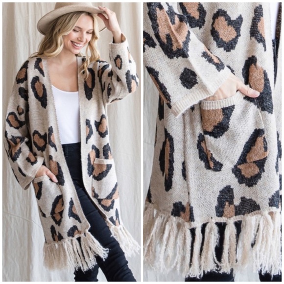Sweaters - SOLD OUT Oatmeal Leopard Animal Printed Fringe Hem Open Knit Cardigan Sweater
